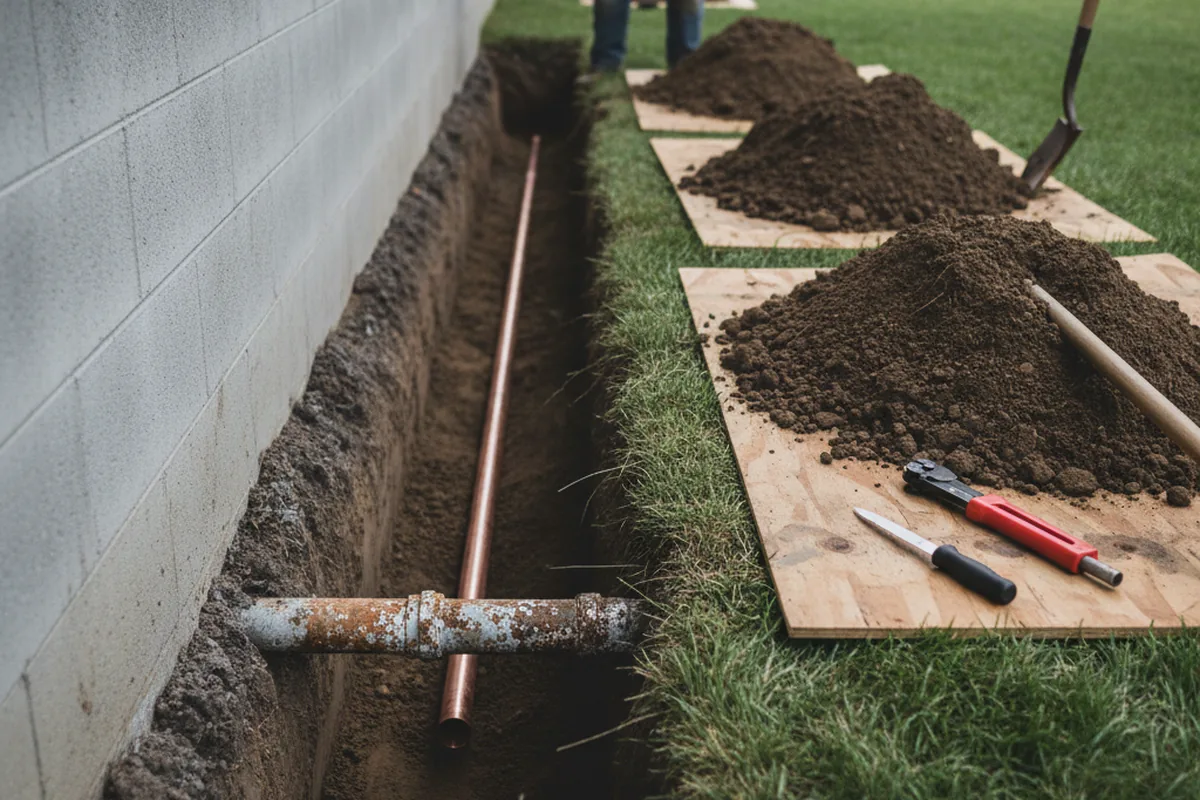 Excavated water line trench during Sewer Line Repair in Stanley